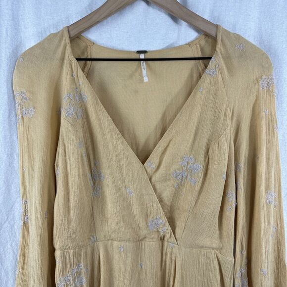 Free People Jasmine Embroidered Yellow Flare Sleeve Boho Mini Dress Womens S - Picture 4 of 15